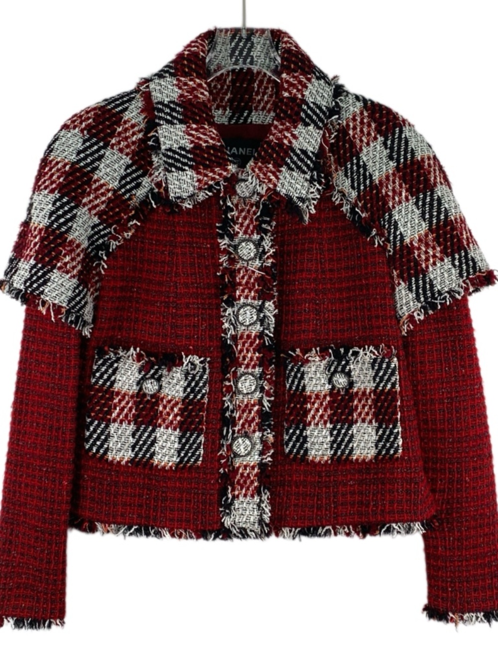 Chanel Red Wool Notched-Collar Single-Breasted Long-Sleeve Tweed Jacket